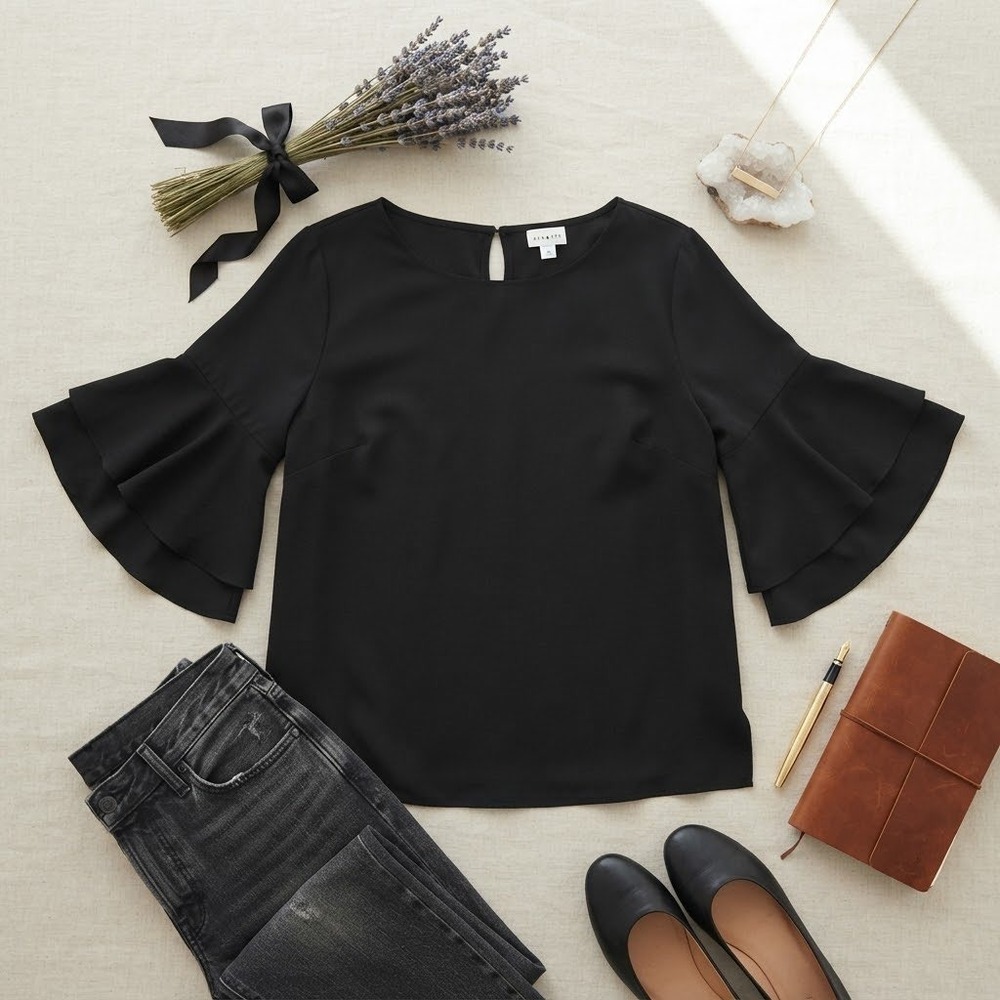 Ava & Viv Womens 1X Black Tiered Bell Sleeve Blouse Keyhole Back Crepe Top
